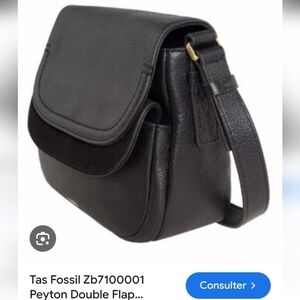 Fossil Peyton Double Flap Crossbody  Black Leather Handbag Like New